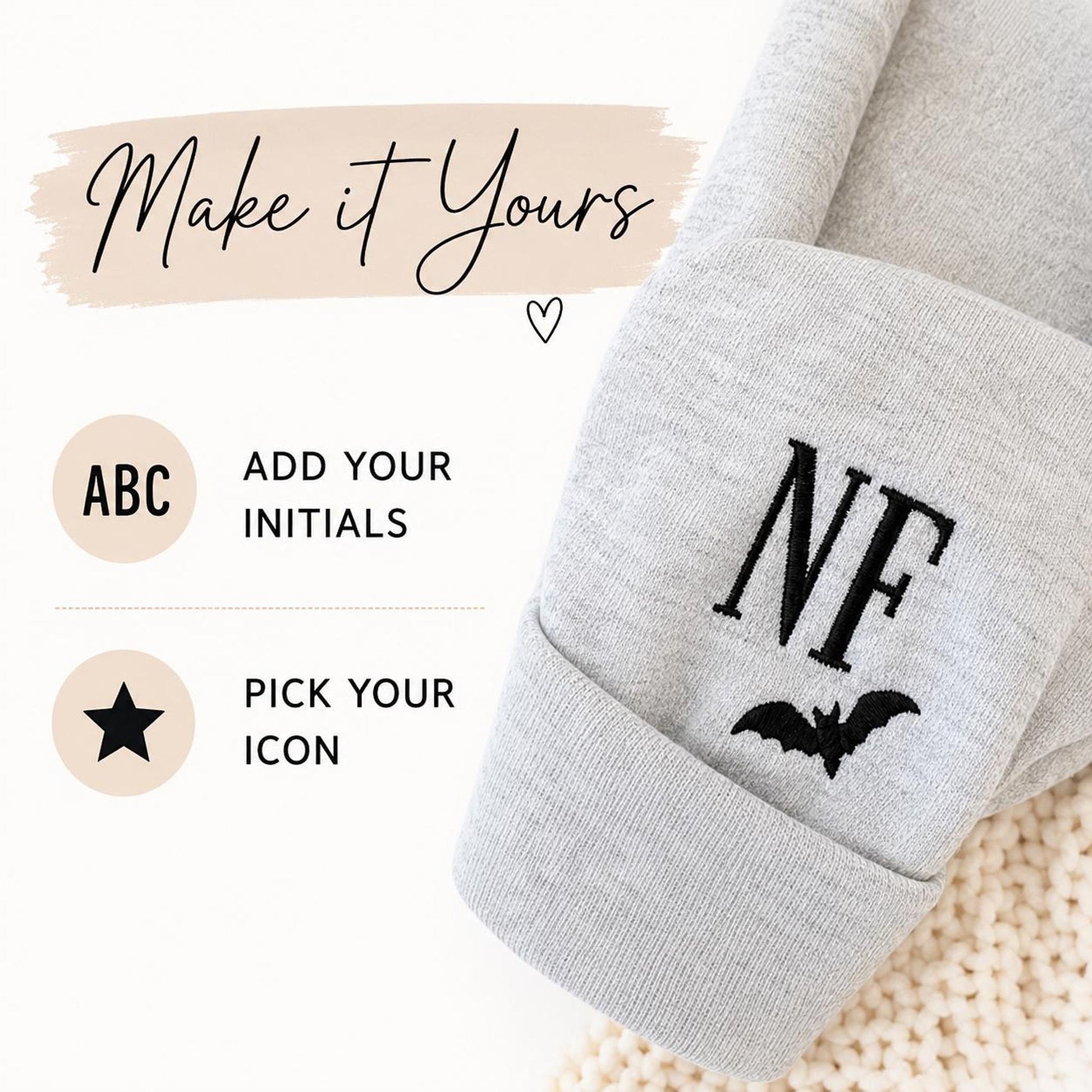 A graphic titled "Make it Yours" showing options to "Add Your Initials" and "Pick Your Icon" with an example of "NF" and a bat embroidered on a cuff.