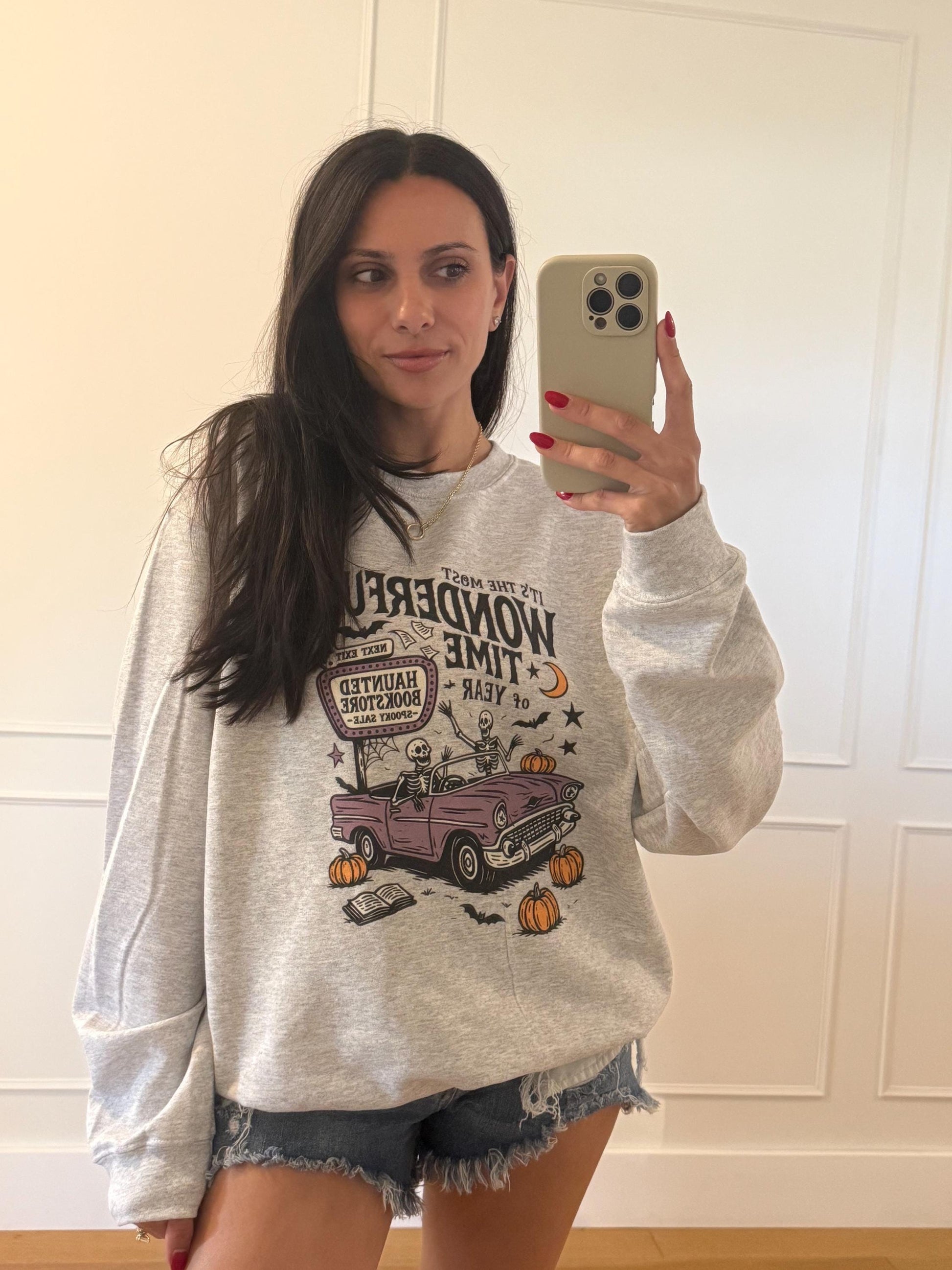 Vintage Halloween Sweatshirt Haunted Bookstore, Skeleton Spooky Season Crewneck, Fall Book Lover Gift
