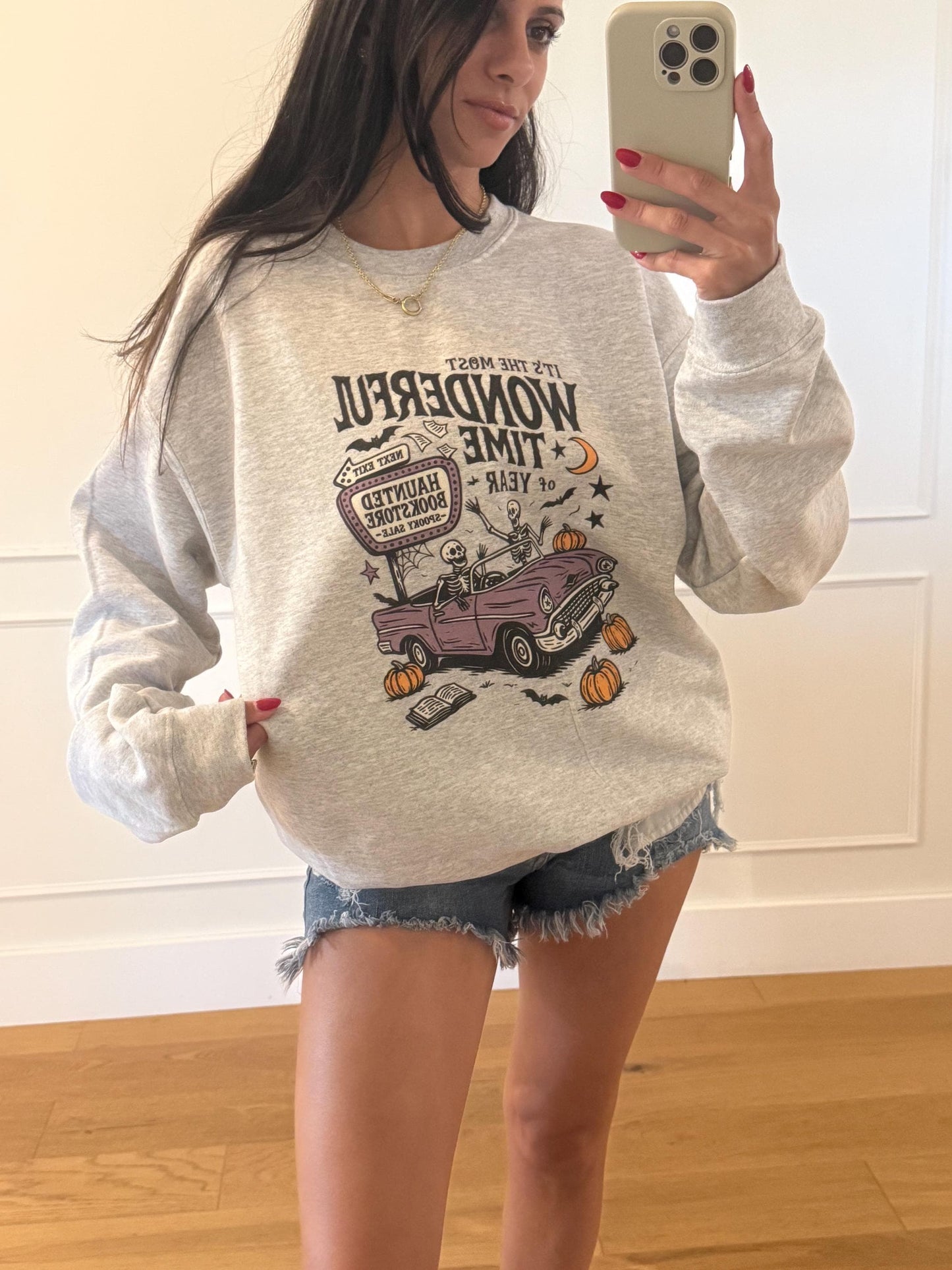 Vintage Halloween Sweatshirt Haunted Bookstore, Skeleton Spooky Season Crewneck, Fall Book Lover Gift