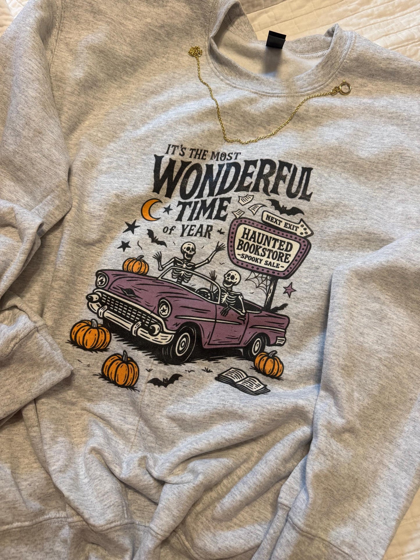 Vintage Halloween Sweatshirt Haunted Bookstore, Skeleton Spooky Season Crewneck, Fall Book Lover Gift