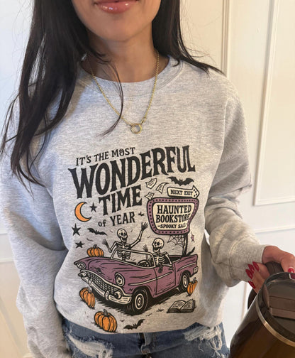 Vintage Halloween Sweatshirt Haunted Bookstore, Skeleton Spooky Season Crewneck, Fall Book Lover Gift