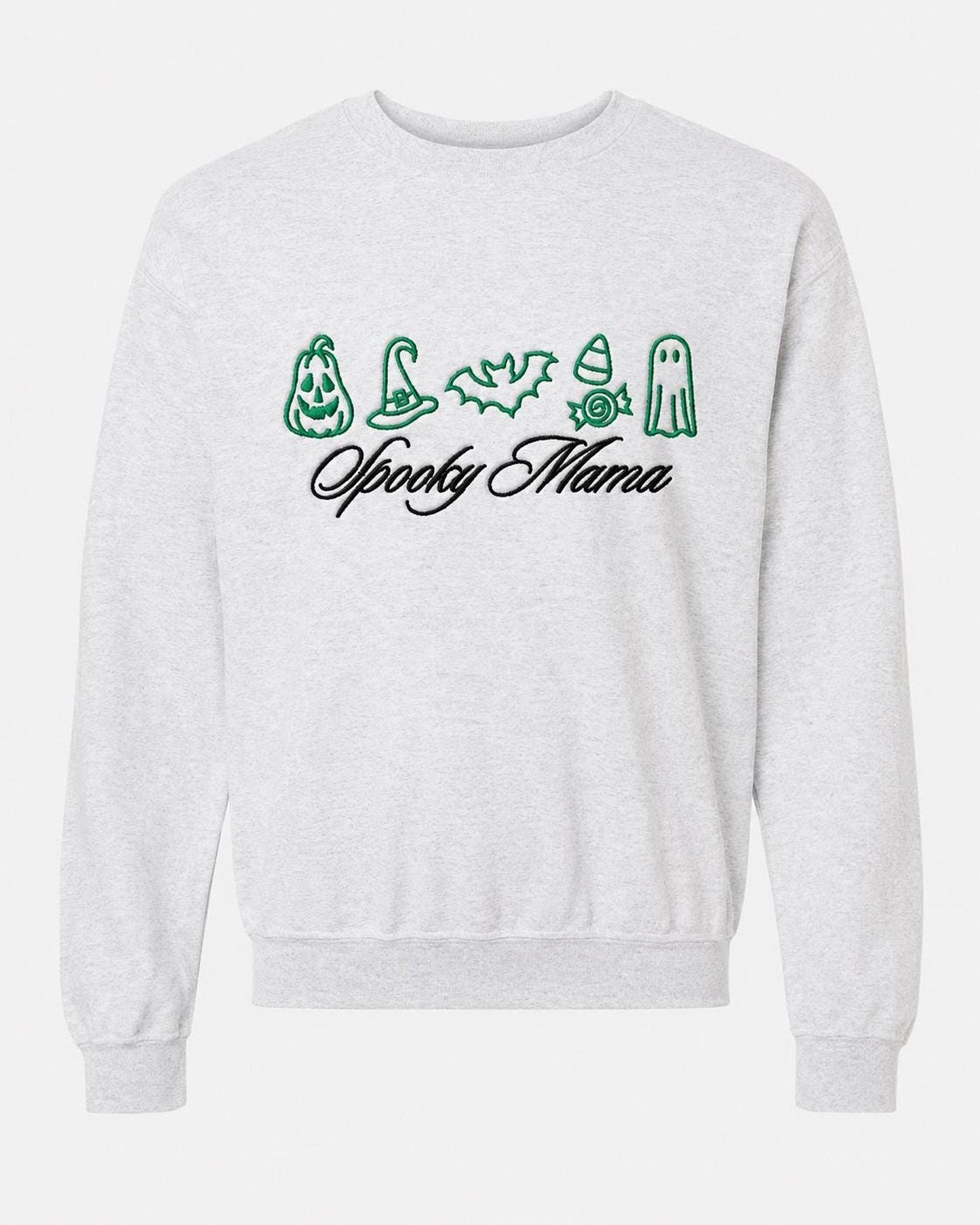 A light gray crewneck sweatshirt with green embroidered Halloween icons and "Spooky Mama" in black script, displayed flat against a white background.