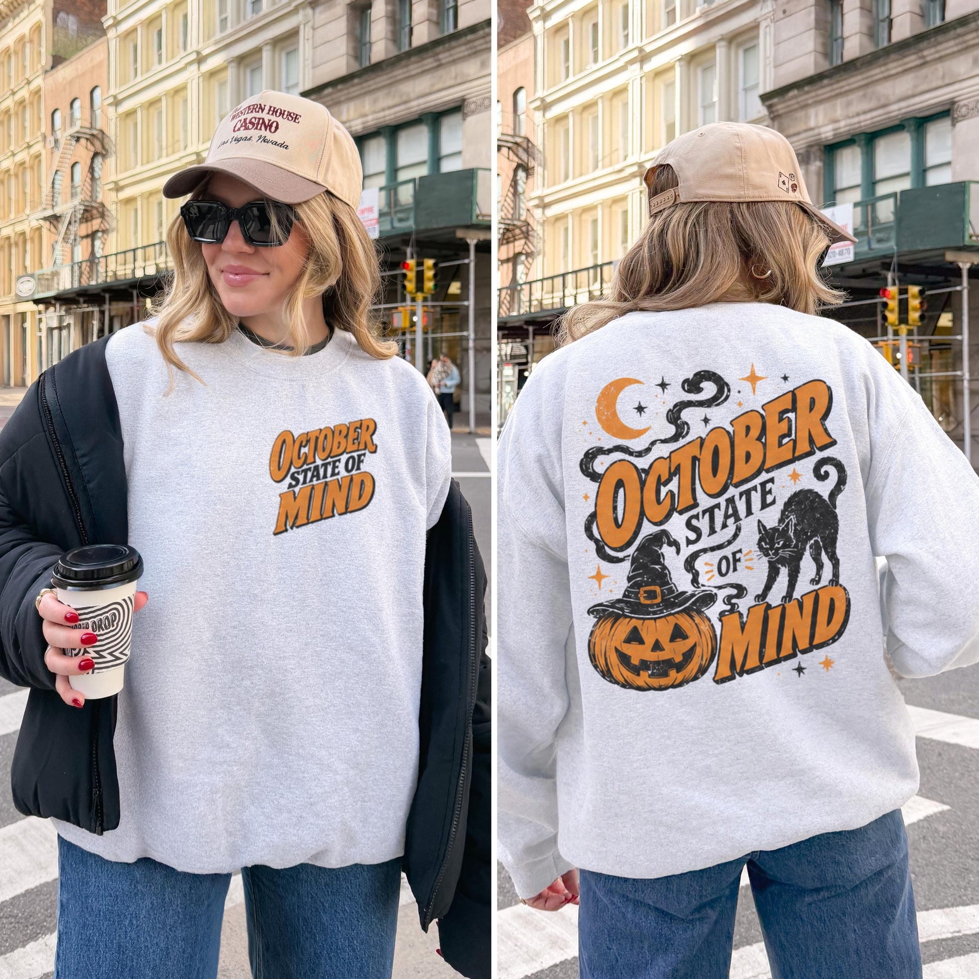 A woman models a light gray crewneck sweatshirt with "October State of Mind" in orange and black text on the front and back, featuring a jack-o'-lantern and black cat on the back.