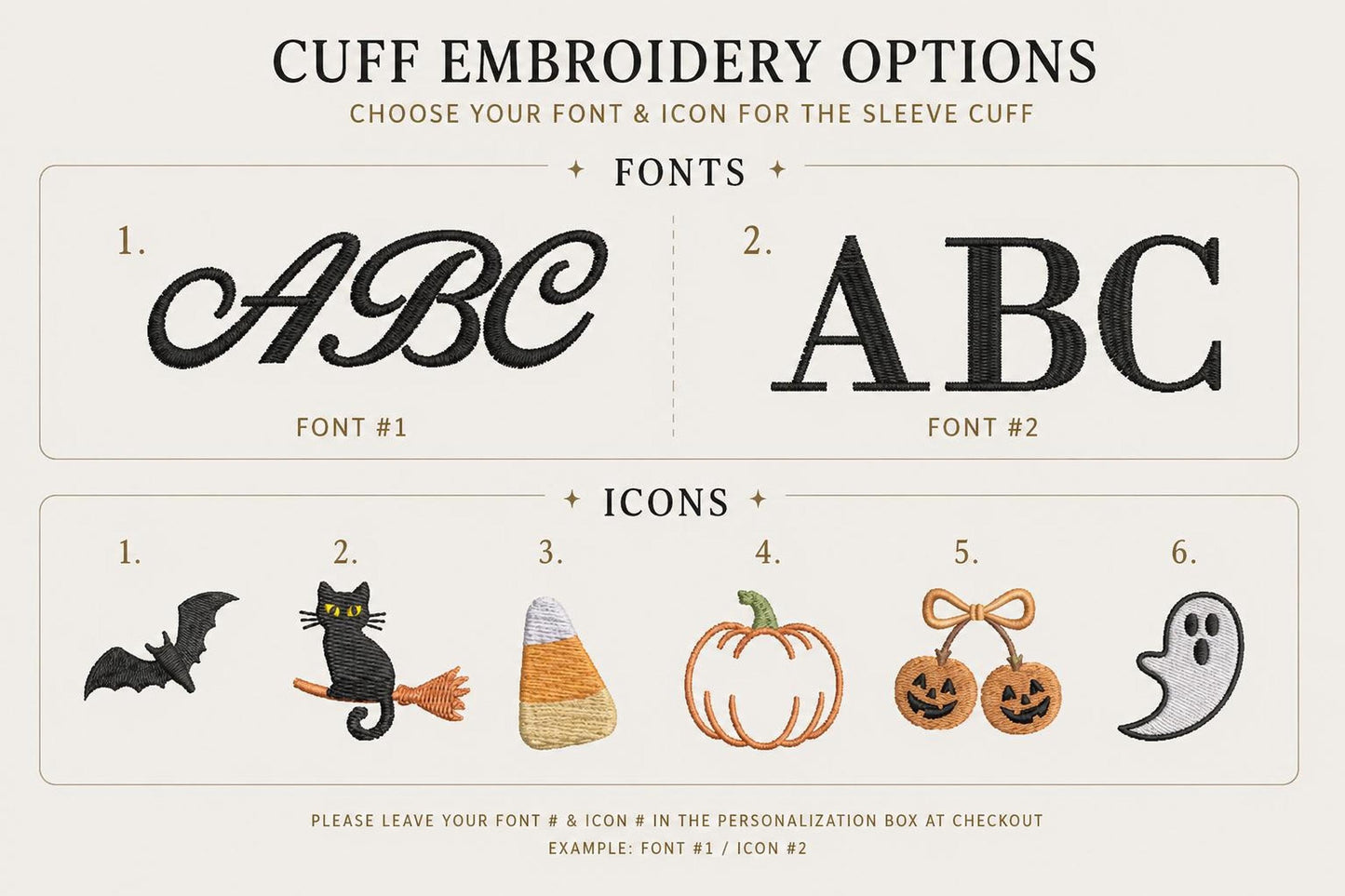 A graphic displays two font options, "Font #1" and "Font #2", and six icon options: a bat, a black cat on a broom, candy corn, a pumpkin, two jack-o'-lanterns, and a ghost.