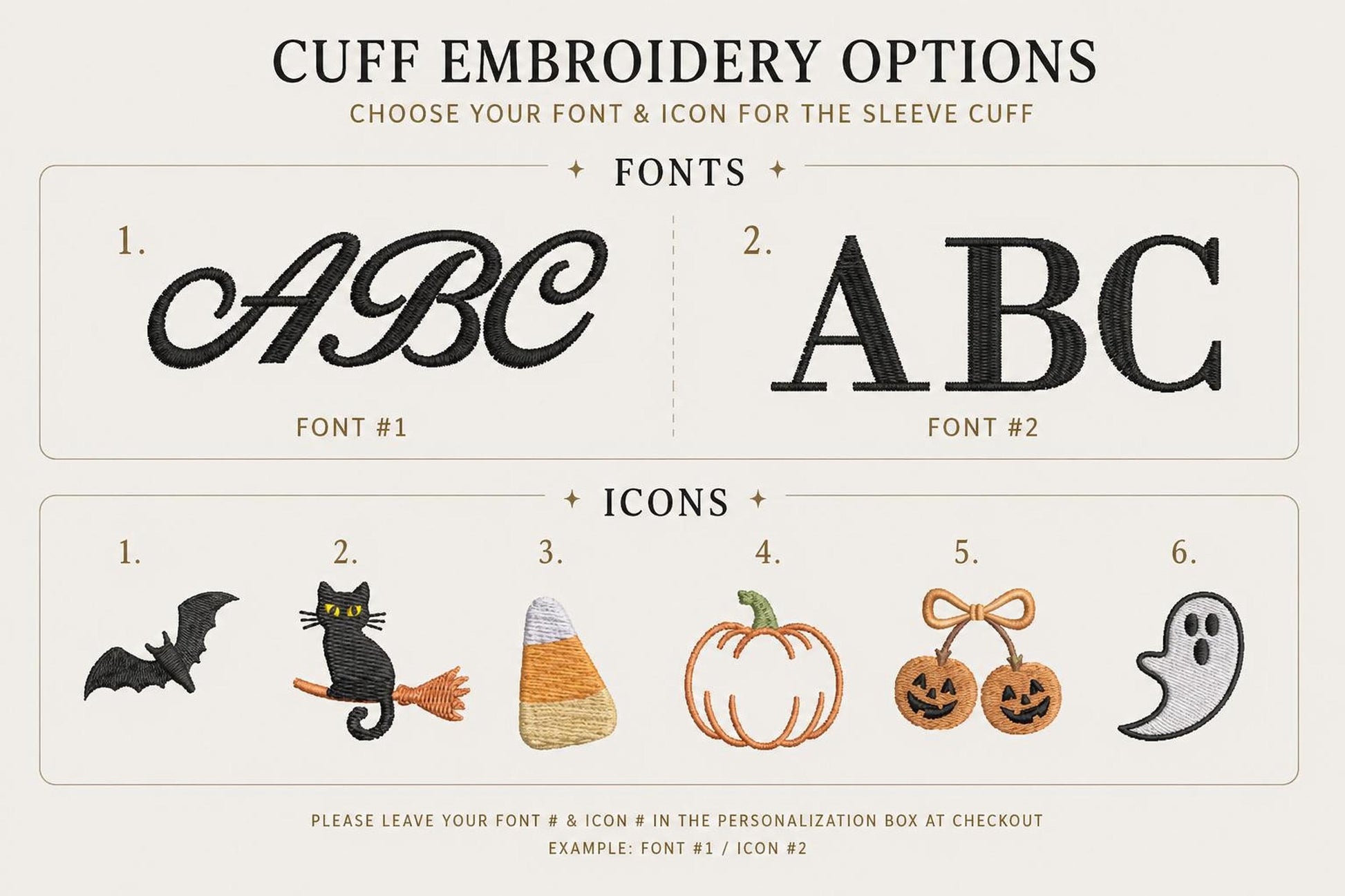 A graphic displays two font options, "Font #1" and "Font #2", and six icon options: a bat, a black cat on a broom, candy corn, a pumpkin, two jack-o'-lanterns, and a ghost.