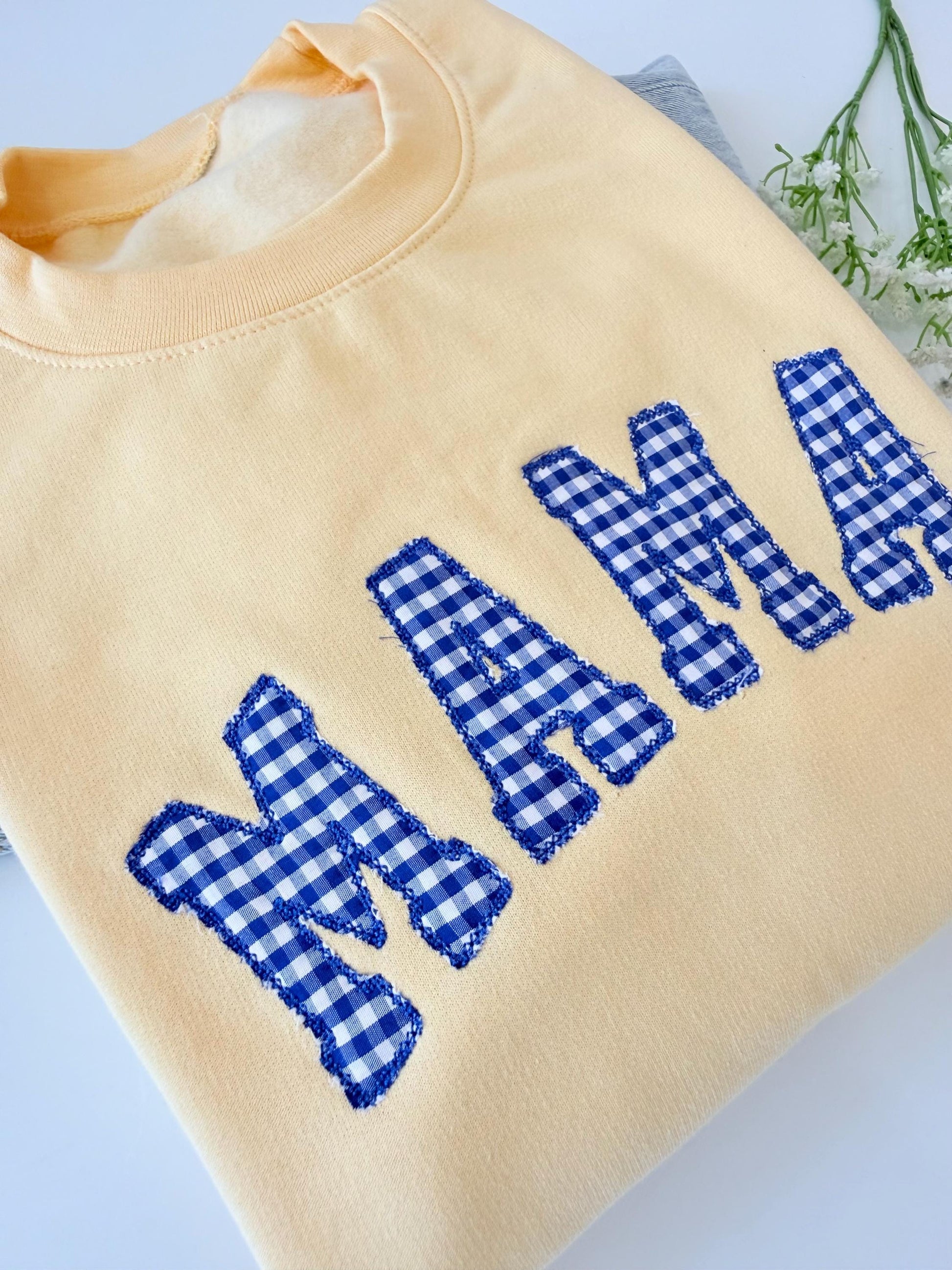 Embroidered gingham mama sweatshirt, Appliqué sweatshirt for mom, Baby shower gift for new mom, Gift for Mom, New Mom Sweatshirt