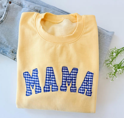 Embroidered gingham mama sweatshirt, Appliqué sweatshirt for mom, Baby shower gift for new mom, Gift for Mom, New Mom Sweatshirt
