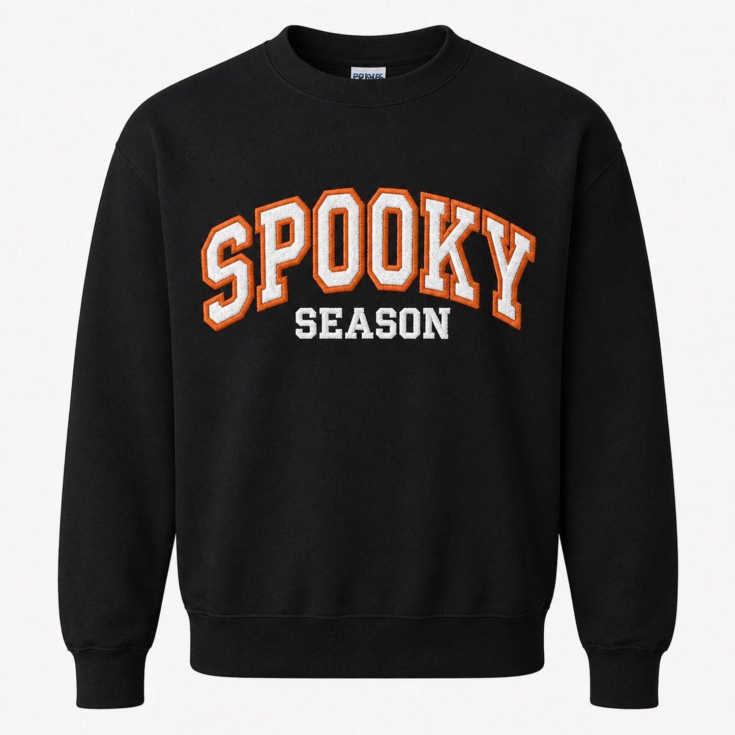 A black crewneck sweatshirt with "SPOOKY SEASON" embroidered across the chest in orange and white varsity-style letters.