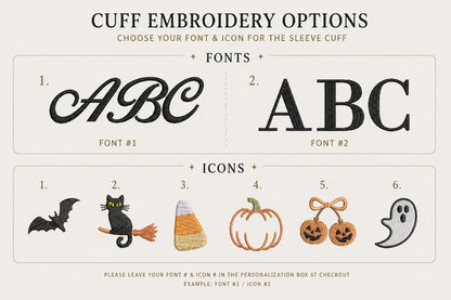 A white graphic shows two font options, "ABC" in a script font and "ABC" in a serif font, and six icon options: a bat, a black cat, candy corn, a pumpkin, two cherries, and a ghost.