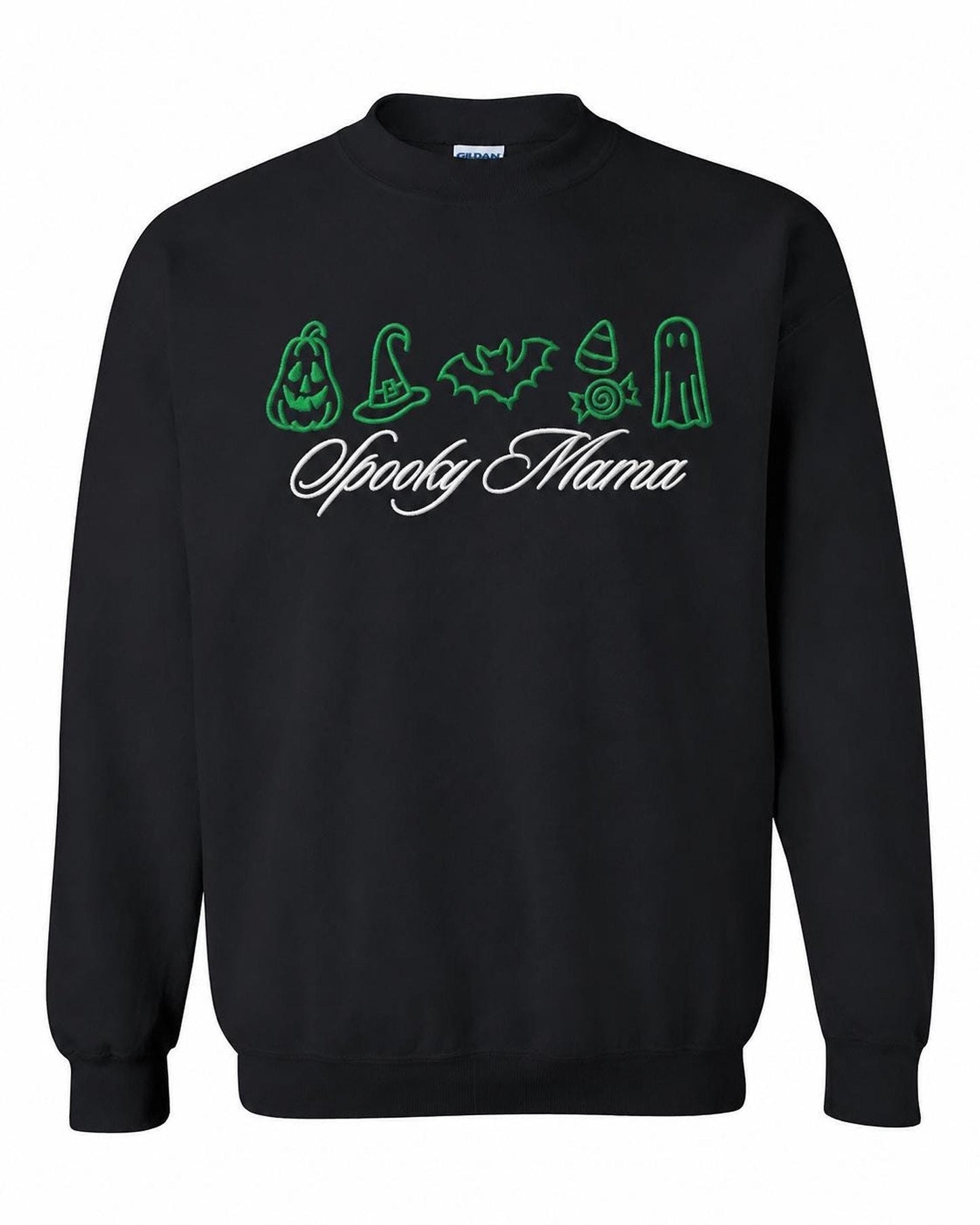 A black crewneck sweatshirt with green embroidered Halloween icons and "Spooky Mama" in white script, displayed flat against a white background.