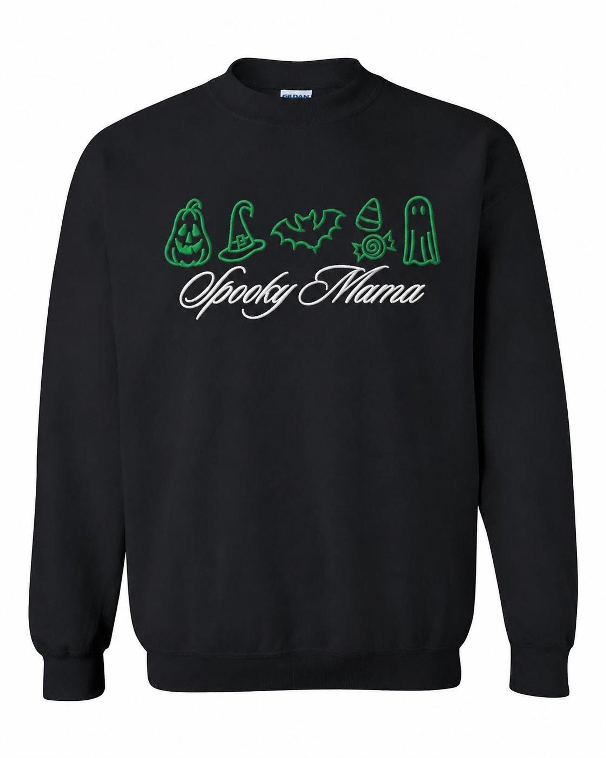 A black crewneck sweatshirt with green embroidered Halloween icons and "Spooky Mama" in white script, displayed flat against a white background.