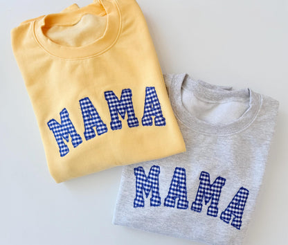 Embroidered gingham mama sweatshirt, Appliqué sweatshirt for mom, Baby shower gift for new mom, Gift for Mom, New Mom Sweatshirt
