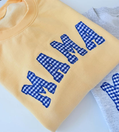 Embroidered gingham mama sweatshirt, Appliqué sweatshirt for mom, Baby shower gift for new mom, Gift for Mom, New Mom Sweatshirt