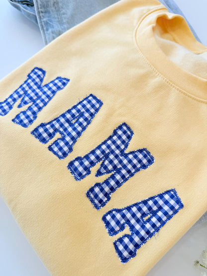 Embroidered gingham mama sweatshirt, Appliqué sweatshirt for mom, Baby shower gift for new mom, Gift for Mom, New Mom Sweatshirt