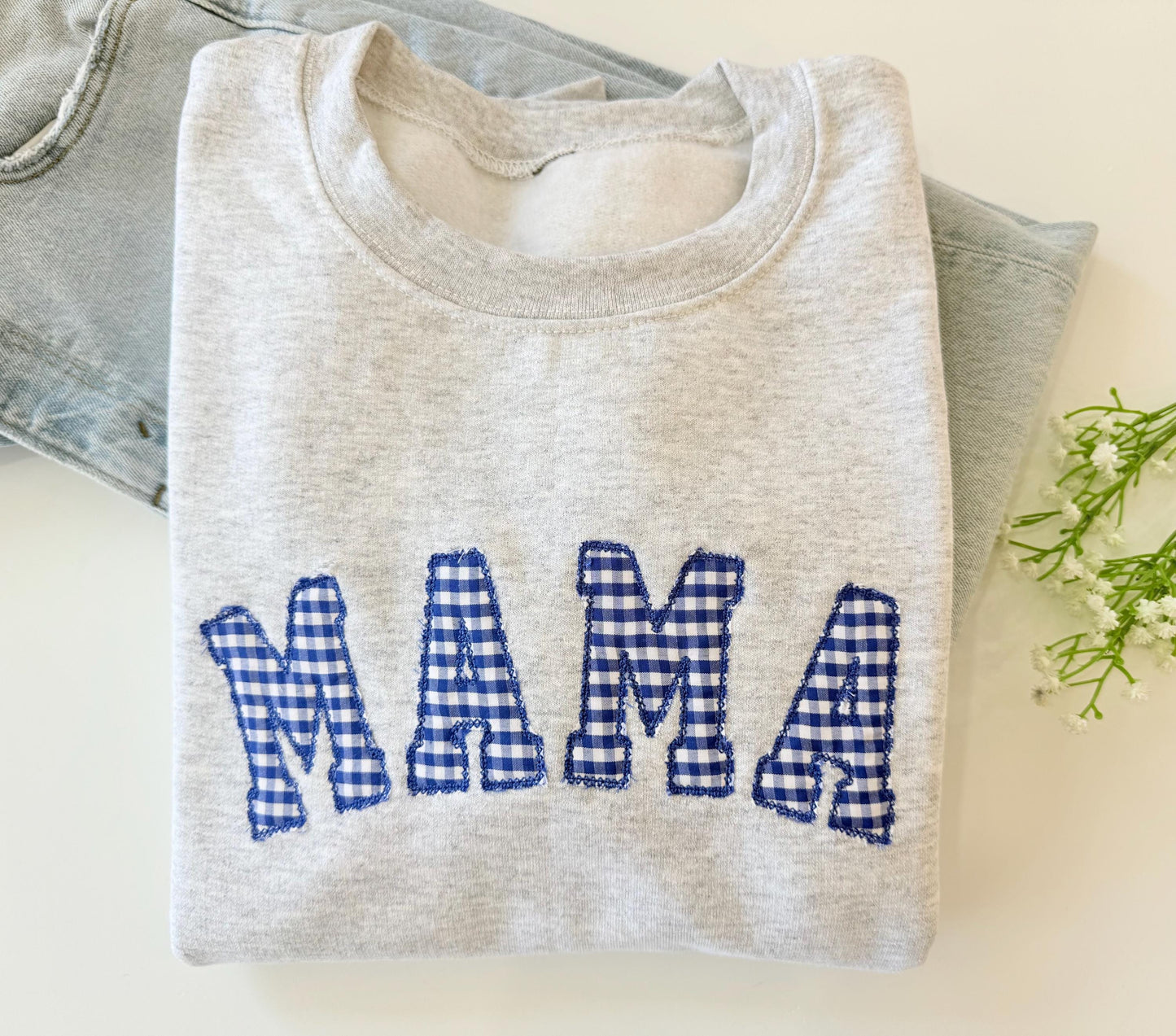 Embroidered gingham mama sweatshirt, Appliqué sweatshirt for mom, Baby shower gift for new mom, Gift for Mom, New Mom Sweatshirt