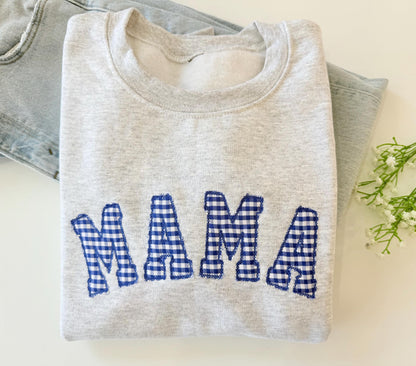 Embroidered gingham mama sweatshirt, Appliqué sweatshirt for mom, Baby shower gift for new mom, Gift for Mom, New Mom Sweatshirt