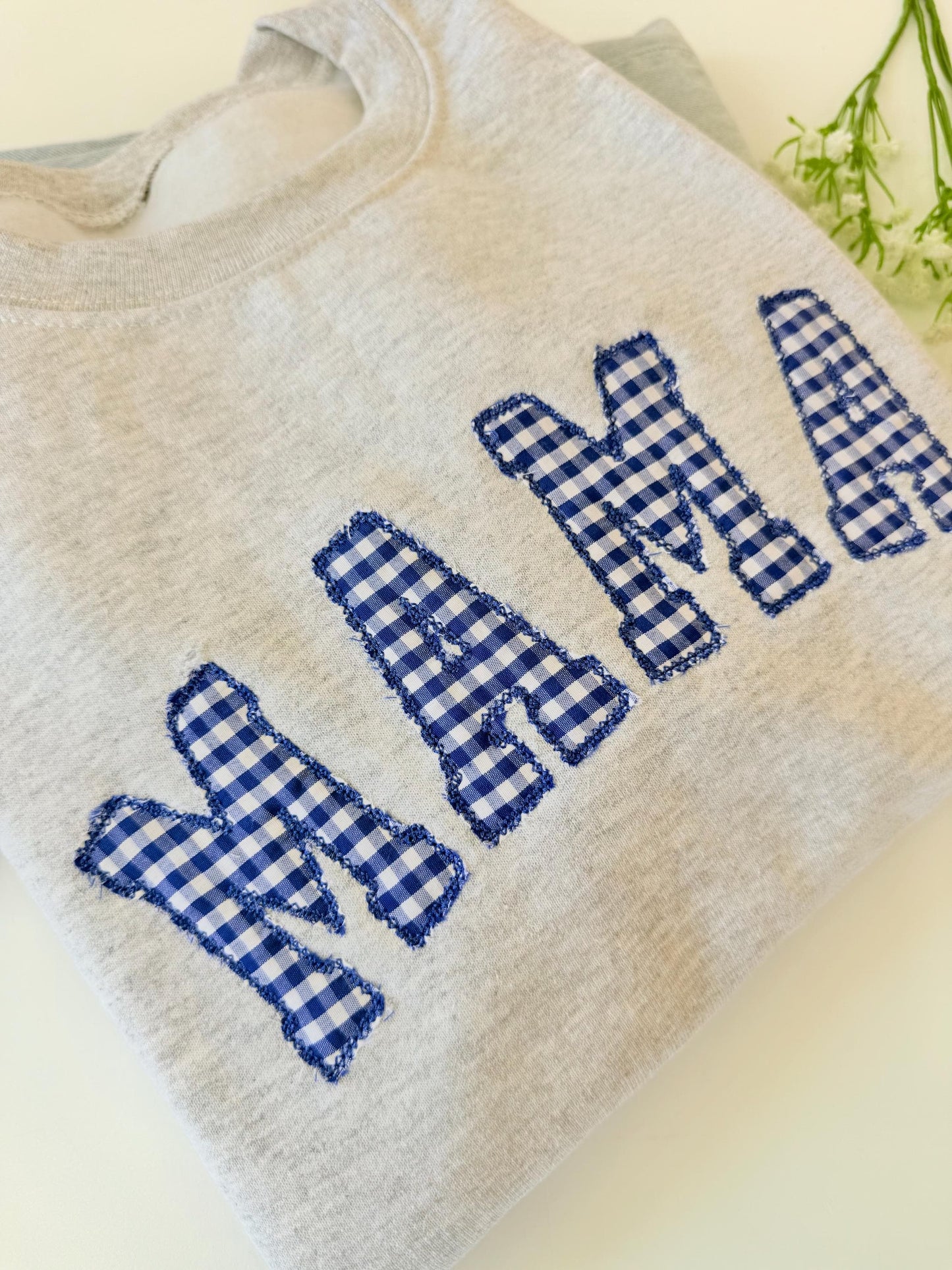 Embroidered gingham mama sweatshirt, Appliqué sweatshirt for mom, Baby shower gift for new mom, Gift for Mom, New Mom Sweatshirt
