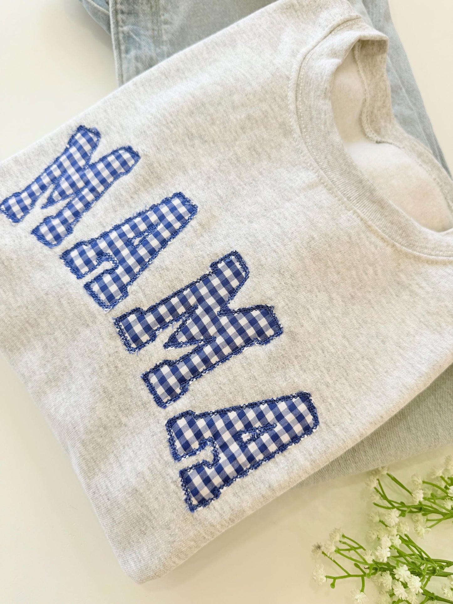 Embroidered gingham mama sweatshirt, Appliqué sweatshirt for mom, Baby shower gift for new mom, Gift for Mom, New Mom Sweatshirt