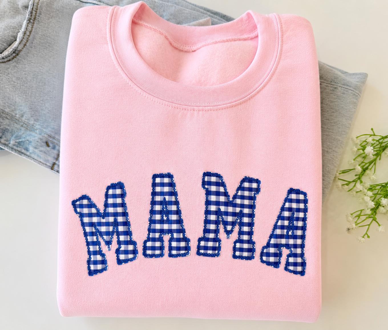 Embroidered gingham mama sweatshirt, Appliqué sweatshirt for mom, Baby shower gift for new mom, Gift for Mom, New Mom Sweatshirt