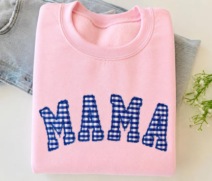 Embroidered gingham mama sweatshirt, Appliqué sweatshirt for mom, Baby shower gift for new mom, Gift for Mom, New Mom Sweatshirt