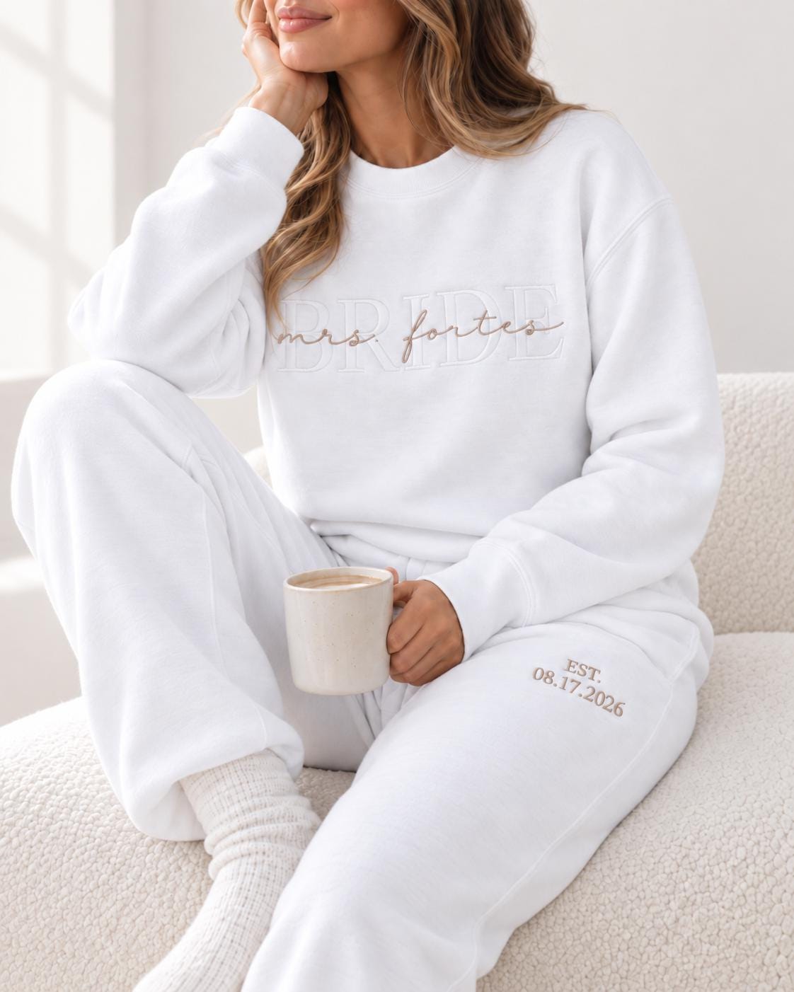 Bride Sweat Set, Custom Embroidered Bride Sweatsuit with Wedding Date Sleeve, Mrs Sweatshirt Joggers or Shorts, Bride Getting Ready Outfit