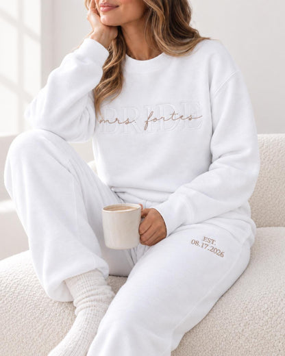 Bride Sweat Set, Custom Embroidered Bride Sweatsuit with Wedding Date Sleeve, Mrs Sweatshirt Joggers or Shorts, Bride Getting Ready Outfit