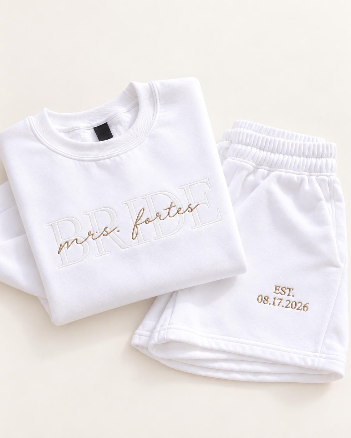Bride Sweat Set, Custom Embroidered Bride Sweatsuit with Wedding Date Sleeve, Mrs Sweatshirt Joggers or Shorts, Bride Getting Ready Outfit