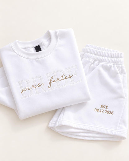 Bride Sweat Set, Custom Embroidered Bride Sweatsuit with Wedding Date Sleeve, Mrs Sweatshirt Joggers or Shorts, Bride Getting Ready Outfit