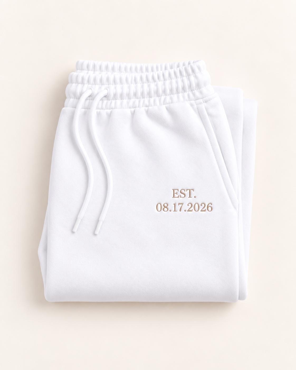 Bride Sweat Set, Custom Embroidered Bride Sweatsuit with Wedding Date Sleeve, Mrs Sweatshirt Joggers or Shorts, Bride Getting Ready Outfit