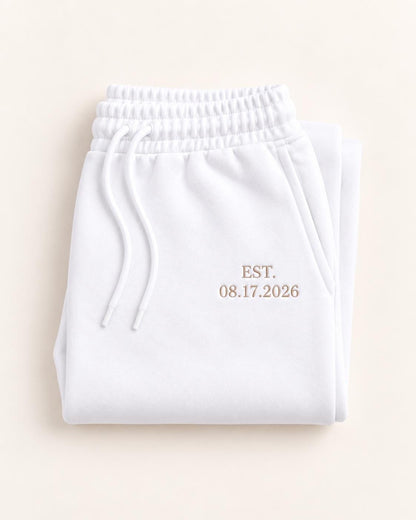 Bride Sweat Set, Custom Embroidered Bride Sweatsuit with Wedding Date Sleeve, Mrs Sweatshirt Joggers or Shorts, Bride Getting Ready Outfit
