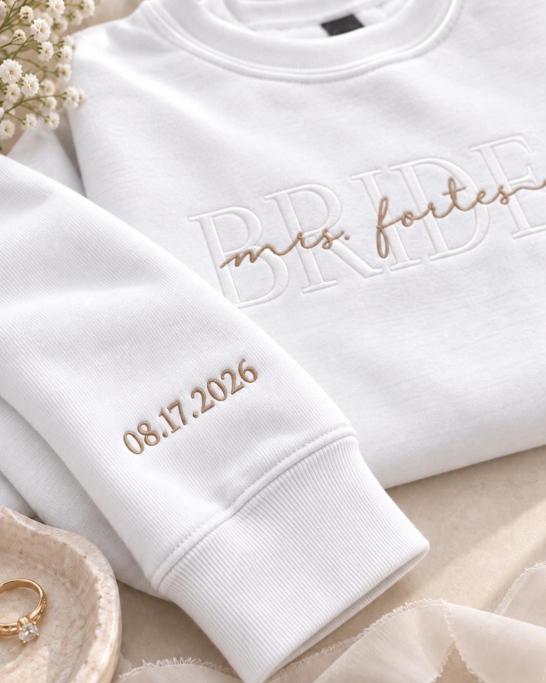 Bride Sweat Set, Custom Embroidered Bride Sweatsuit with Wedding Date Sleeve, Mrs Sweatshirt Joggers or Shorts, Bride Getting Ready Outfit