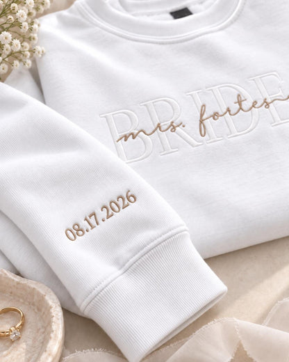 Bride Sweat Set, Custom Embroidered Bride Sweatsuit with Wedding Date Sleeve, Mrs Sweatshirt Joggers or Shorts, Bride Getting Ready Outfit
