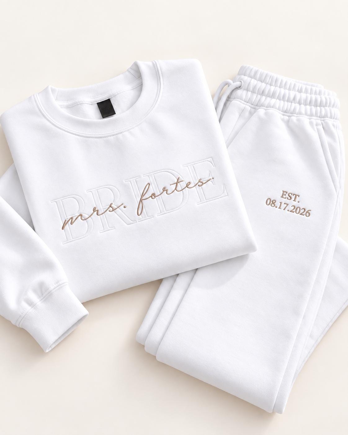 Bride Sweat Set, Custom Embroidered Bride Sweatsuit with Wedding Date Sleeve, Mrs Sweatshirt Joggers or Shorts, Bride Getting Ready Outfit