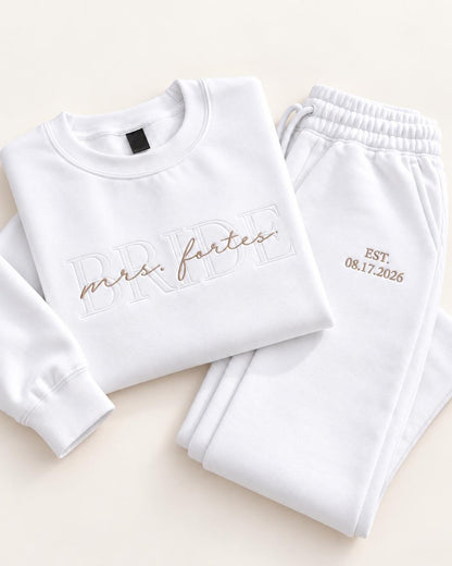 Bride Sweat Set, Custom Embroidered Bride Sweatsuit with Wedding Date Sleeve, Mrs Sweatshirt Joggers or Shorts, Bride Getting Ready Outfit