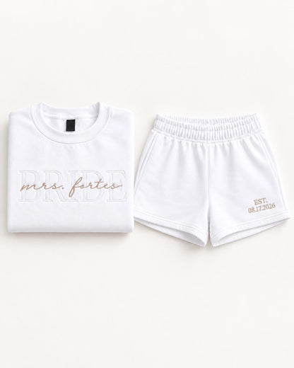 Bride Sweat Set, Custom Embroidered Bride Sweatsuit with Wedding Date Sleeve, Mrs Sweatshirt Joggers or Shorts, Bride Getting Ready Outfit