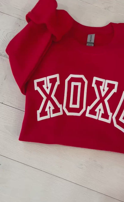 puff xoxo sweatshirt, hot pink xoxo top, Valentine's day top, Galentine's day shirt, xoxo varsity embossed shirt, cute v-day outfit