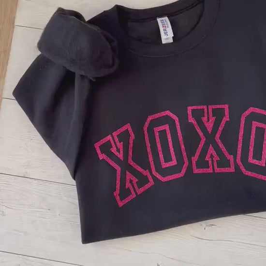 glitter xoxo sweatshirt, hot pink xoxo top, Valentine's day top, Galentine's day shirt, xoxo varsity sparkle shirt, cute v-day outfit