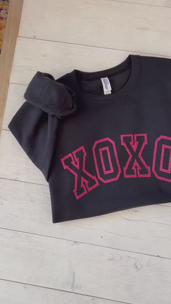 glitter xoxo sweatshirt, hot pink xoxo top, Valentine's day top, Galentine's day shirt, xoxo varsity sparkle shirt, cute v-day outfit