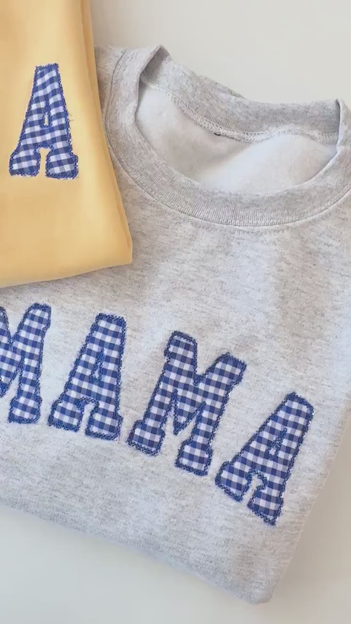 Embroidered gingham mama sweatshirt, Appliqué sweatshirt for mom, Baby shower gift for new mom, Gift for Mom, New Mom Sweatshirt