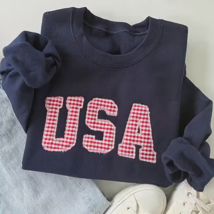 Embroidered USA Sweatshirt, Womens 4th of July Crewneck