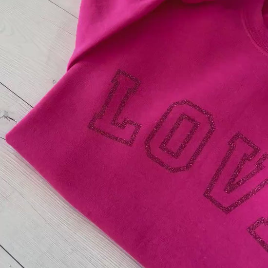 Glitter Valentines day shirt, hot pink shirt, Valentine sweatshirt, Galentines day top, gift for girlfriend, cute love crewneck, love design