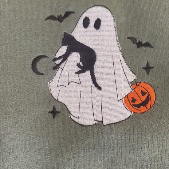 Halloween Embroidered Cat Sweatshirt, Halloween Sweatshirt, Embroidered Halloween Sweatshirt, Ghost Sweatshirt, Womens Halloween Sweatshirt