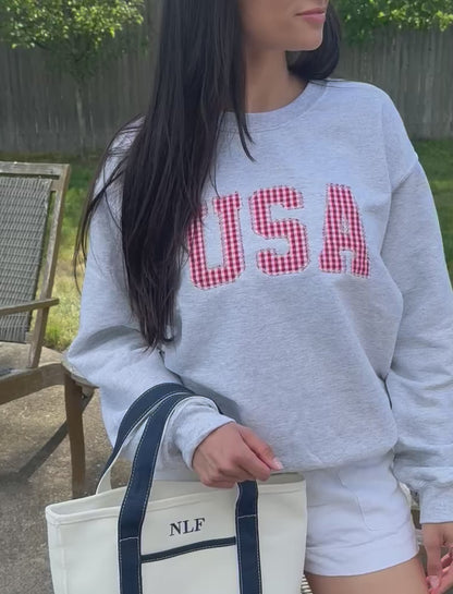 Embroidered USA Red White & Blue Gingham 4th of July Crewneck