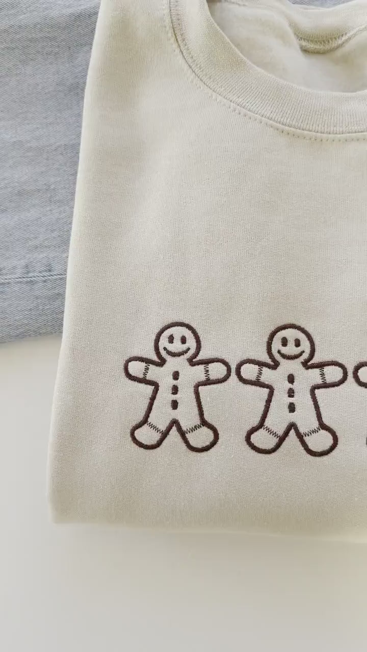 Embroidered Gingerbread Men Christmas Sweatshirt for Women – Festive Holiday Pullover with Gingerbread Friends, Cozy Winter Baking Sweater