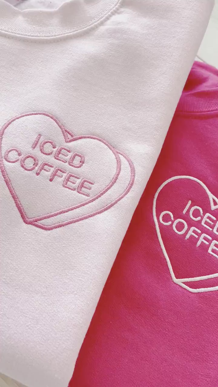 Womens Valentine Day Sweatshirt, Embroidered Valentine's Day Sweater, Embroidered Sweatshirt, Heart Sweatshirt, Iced Coffee Lover Gift,