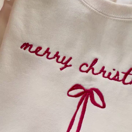Embroidered Christmas Sweatshirt: Merry Christmas Bow Design