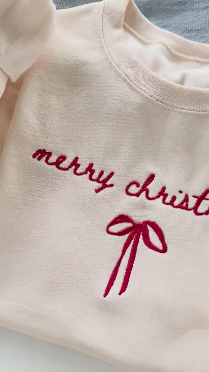 Embroidered Christmas Sweatshirt: Merry Christmas Bow Design