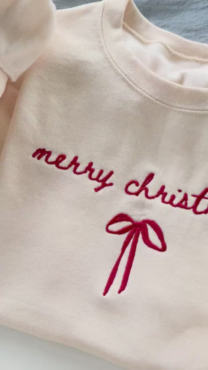 Embroidered Christmas Sweatshirt: Merry Christmas Bow Design