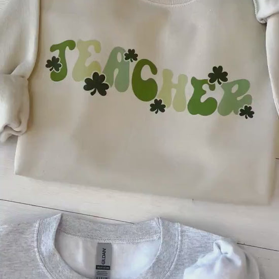 Retro St Patricks day teacher sweatshirt, St Pattys teacher crewneck, Irish teacher gift, Groovy teacher shamrock top, Teacher appreciation