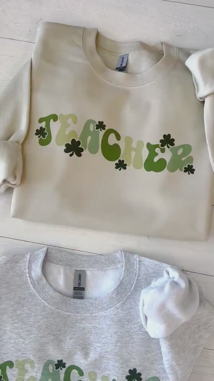 Retro St Patricks day teacher sweatshirt, St Pattys teacher crewneck, Irish teacher gift, Groovy teacher shamrock top, Teacher appreciation